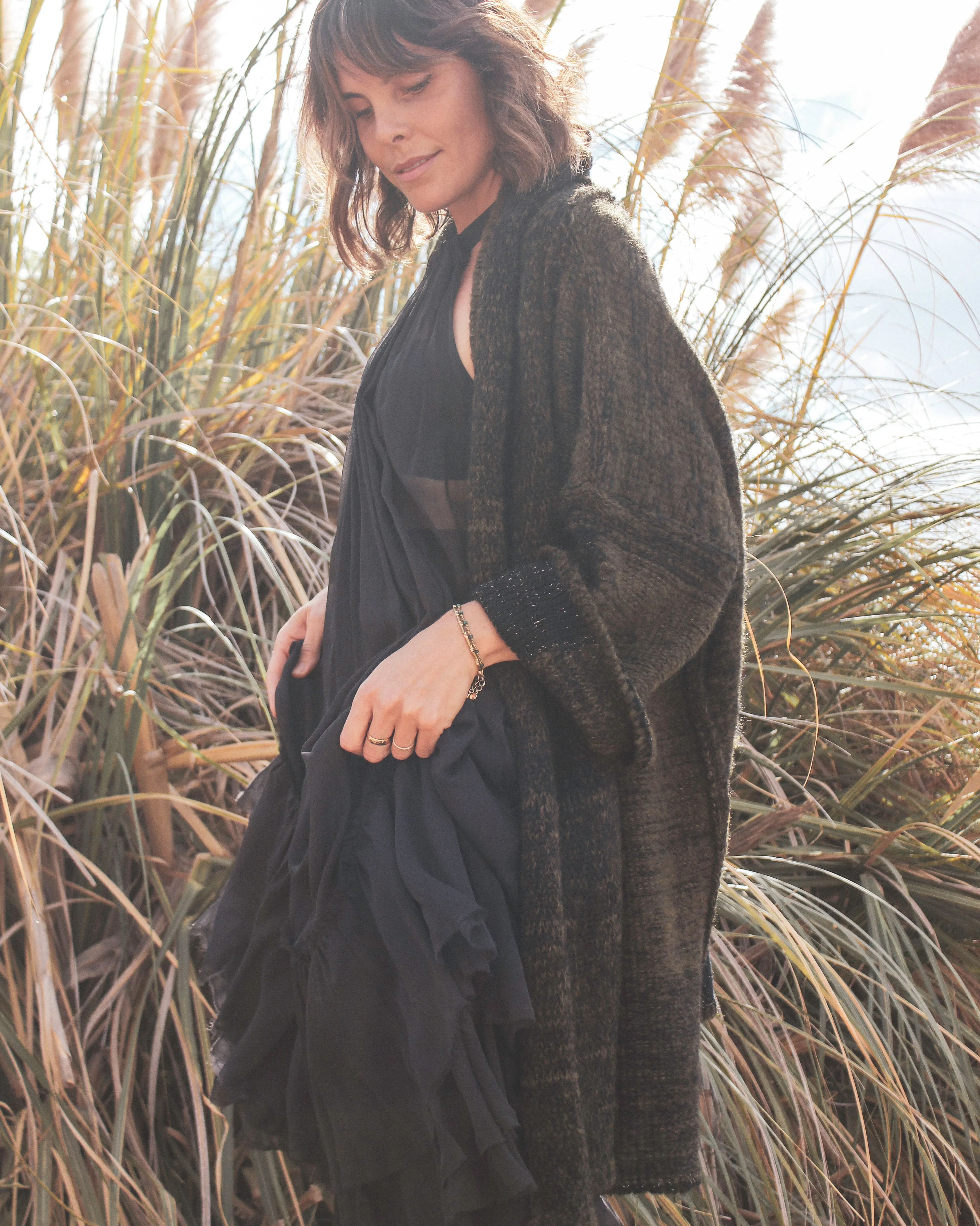 Amano alpaca kimono style cardigan with mesh detail - oat