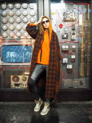 Hand loom check weave super maxi coat