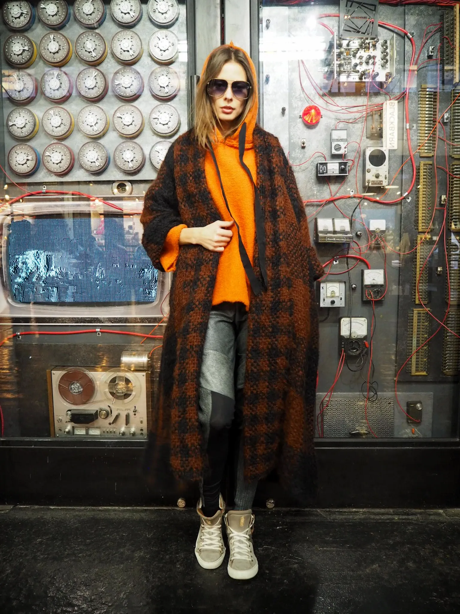 Hand loom check weave super maxi coat