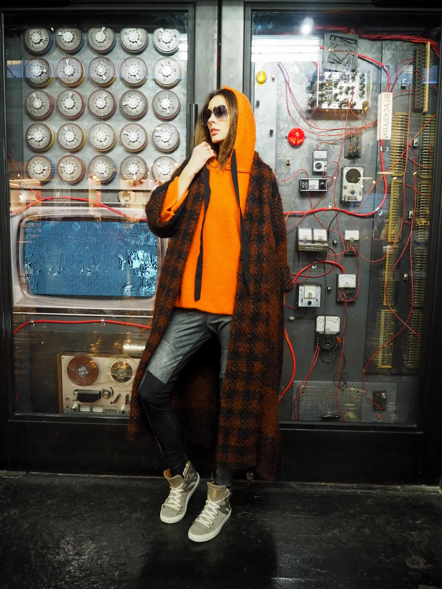 Hand loom check weave super maxi coat