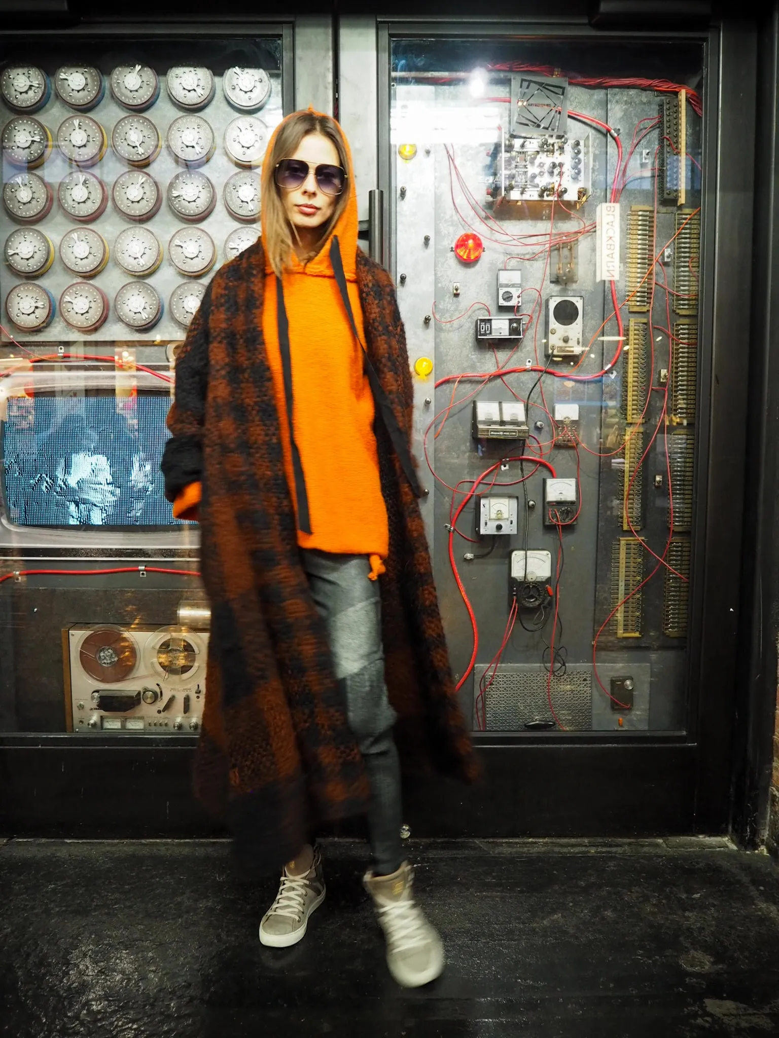 Hand loom check weave super maxi coat